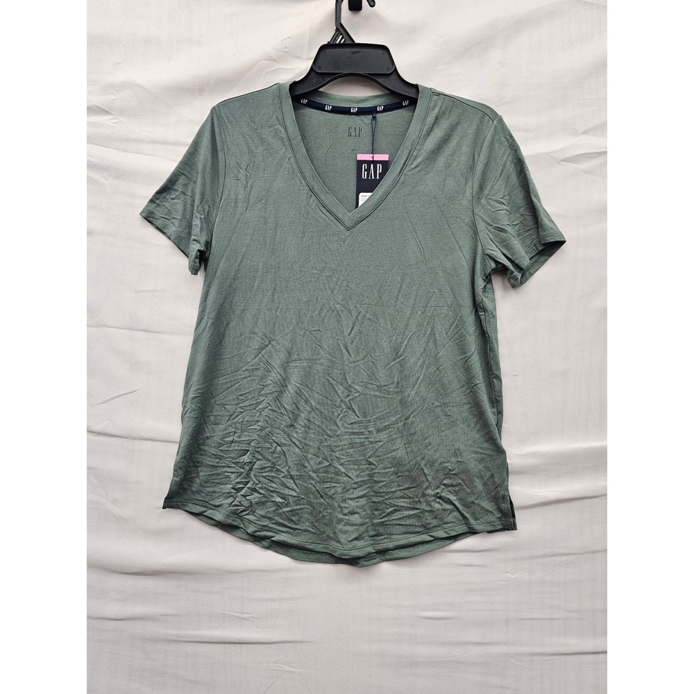 Gap Womens V-Neck Short Sleeve T-Shirt Green Rayon Blend Casual Size Small